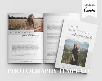 Può includere: Un opuscolo bianco e grigio con il titolo "Guida informativa alla fotografia di fine anno" e una foto di una donna con un vestito nero. L'opuscolo include quattro consigli per la fotografia di fine anno, tra cui pianificare abbastanza tempo per capelli e trucco, creare un elenco di scatti, considerare di avere un "primo sguardo" alla cerimonia di nozze ed essere voi stessi.