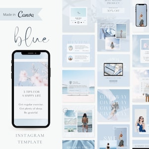 Puede incluir: Una colección de plantillas de historias de Instagram en un esquema de color azul y blanco. Las plantillas presentan superposiciones de texto con frases como "Revisión", "Sorteo", "Venta" y "Venta de verano". Algunas plantillas presentan imágenes de una mujer con un vestido azul, una mujer con un vestido blanco y una mujer con un vestido negro. Otras plantillas presentan imágenes de un cielo azul, una playa y una flor.