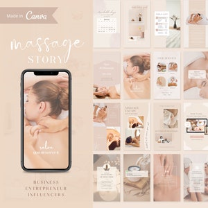 Op de afbeelding: Een verzameling social media story-sjablonen voor een massagebedrijf. De sjablonen bevatten afbeeldingen van mensen die massages krijgen, tekst over massageservices en een kalender met beschikbare afspraken.