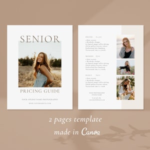 Senior Photography Pricing List| Senior Pricing Guide Sheet Template| Senior Collection Package| Photographer Price Guide| Canva Template