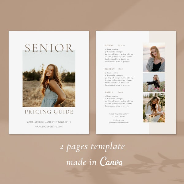 Senior Photography Pricing List| Senior Pricing Guide Sheet Template| Senior Collection Package| Photographer Price Guide| Canva Template