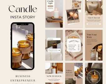 May include: A collection of Instagram story templates for a candle business. The templates feature photos of candles, text about the business, and a price list. The text includes "Candle Light", "Shop Shop", "Price List", "March Special", "Trim Your Wick", "Now in Stock", "Holiday Release", and "Soon Coming Soon".