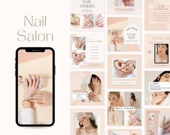 May include: A collection of social media graphics for a nail salon. The graphics feature images of manicured hands, nail art, and text that promotes the salon's services. The text includes "Nail Studio", "Book Now", "Services we offer", "Manicures", "Pedicures", "Gel Polish", "Nail Art", "Hand Care", "15% Off On All Nail Care Treatment", "Book an Appointment", "We Make Your Nails With Love", "Nails Are My Superpower", "But First, Nails", "Be Happy", "Have a Great Day", and "Your Nails Are Our Passion".