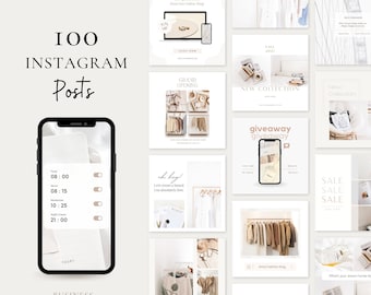Puede incluir: Un collage de 12 plantillas de publicaciones de Instagram para empresas, emprendedores e influencers. Las plantillas presentan una paleta de colores neutros con tonos beige, blanco y marrón. Las plantillas incluyen texto como "Gran Apertura", "Nueva Colección", "Sorteo" y "Venta".