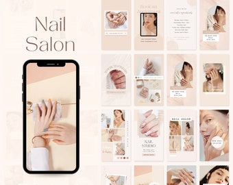 May include: A collection of Instagram story templates for a nail salon. The templates feature images of manicured nails, the salon's logo, and text such as "Book an Appointment", "Where to Find Us", "Nail Studio", and "Nail Salon".