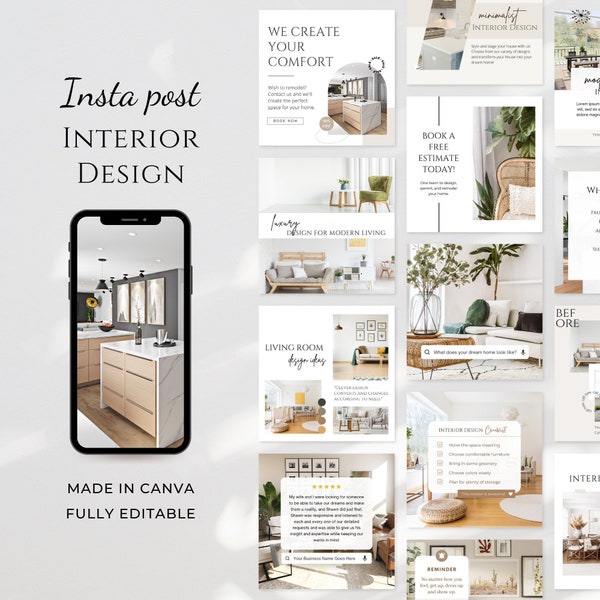 Modèle de publication Instagram de design d'intérieur | Modèles de publication IG de design d'intérieur | Modèles de toile minimalistes | Publications sur les médias sociaux de l'immobilier