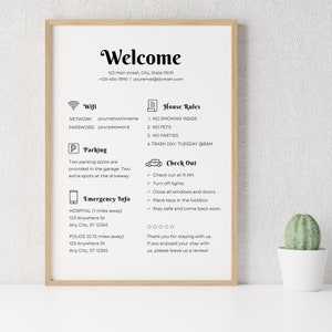 1-stronicowy szablon znaku powitalnego Airbnb| Przewodnik powitalny AirBnB| Znak z instrukcją wymeldowania wynajmu Airbnb| Zasady domu | Szablon znaku WIFI Airbnb