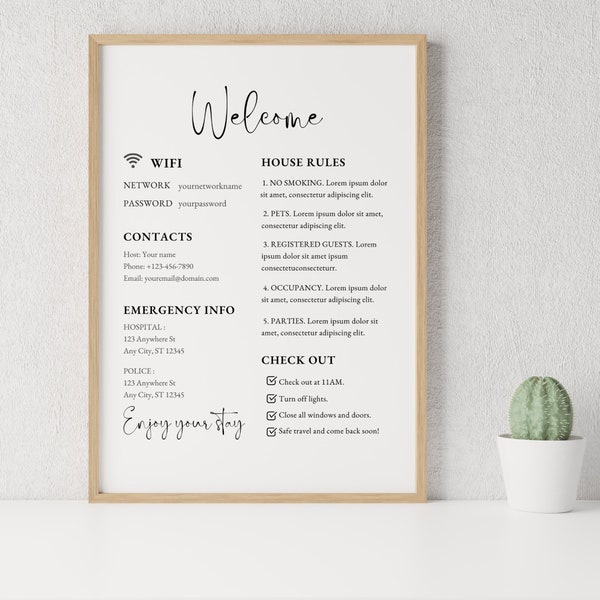 Airbnb Welcome Sign Template| Welcome Sign for Airbnb Hosts |Vacation Rental Printable | Guest Arrival Poster | VRBO, House Rules, WIFI Sign