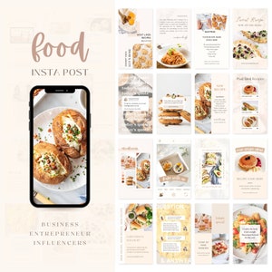 May include: A collage of 12 Instagram post templates for food bloggers and influencers. The templates feature various food photography styles, including close-ups of baked goods, pasta dishes, and sandwiches. The templates also include text boxes for captions, quotes, and recipe names.