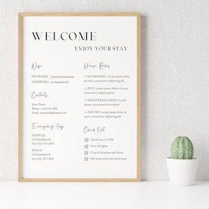 1 Page Airbnb Welcome Sign Template| Welcome Guide AirBnB| Airbnb Rental Check Out Instruction Sign|House Rules |Airbnb WIFI sign Template
