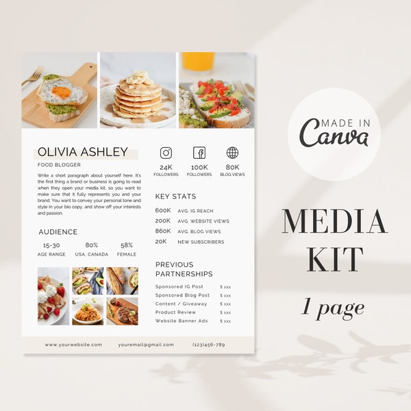 Food Media Kit Canva Template| Instagram Media Kit| Influencer Rate Sheet Template| Blogger Press Kit | Facebook Tiktok Instagram Template