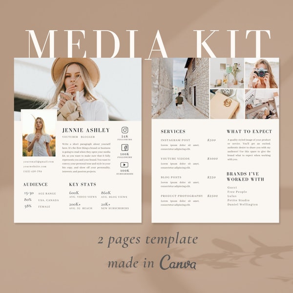 Modèle Canva de kit média de 2 pages | Kit média Instagram | Modèle de feuille de taux d'influence | Dossier de presse blogueur | Modèle Instagram Facebook Tiktok