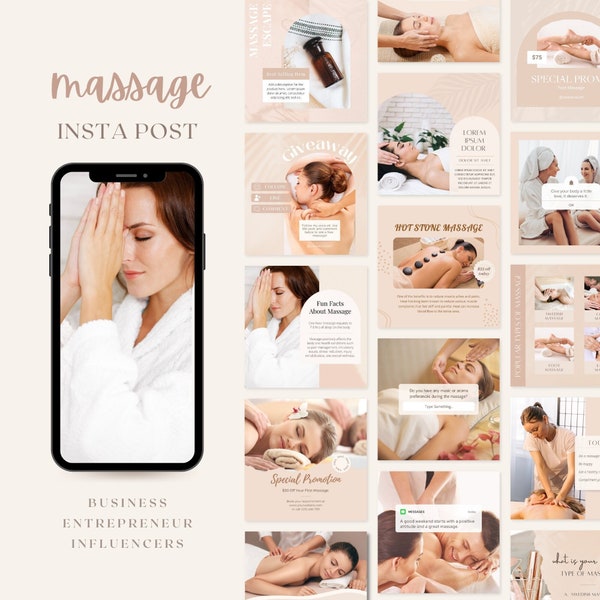 Massagetherapeut Instagram-postsjablonen | Schoonheidsspecialiste sociale media | Minimalisme Instagram Canva-sjabloon| Salie Boho thema Branding Kit