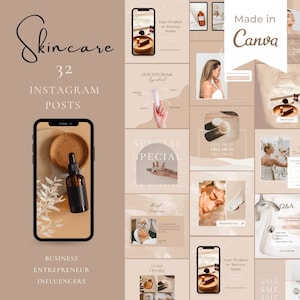 May include: A collection of 32 Instagram post templates for skincare businesses, entrepreneurs, and influencers. The templates feature a neutral beige color scheme with white text and illustrations. The templates include text such as "Skincare", "32 Instagram Posts", "Special", "Giveaway", "Q&A", "Sale", and "Grand Opening".