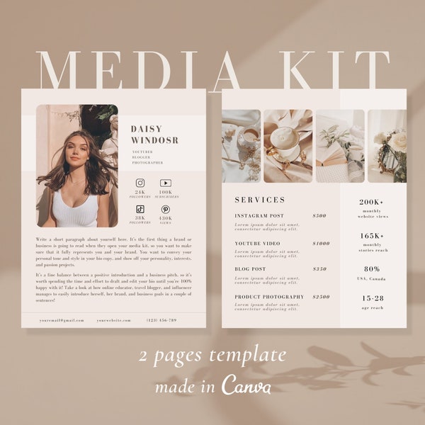 2 Page Media Kit Canva Template| Instagram Media Kit| Influencer Rate Sheet Template| Blogger Press Kit | Facebook Tiktok Instagram Template