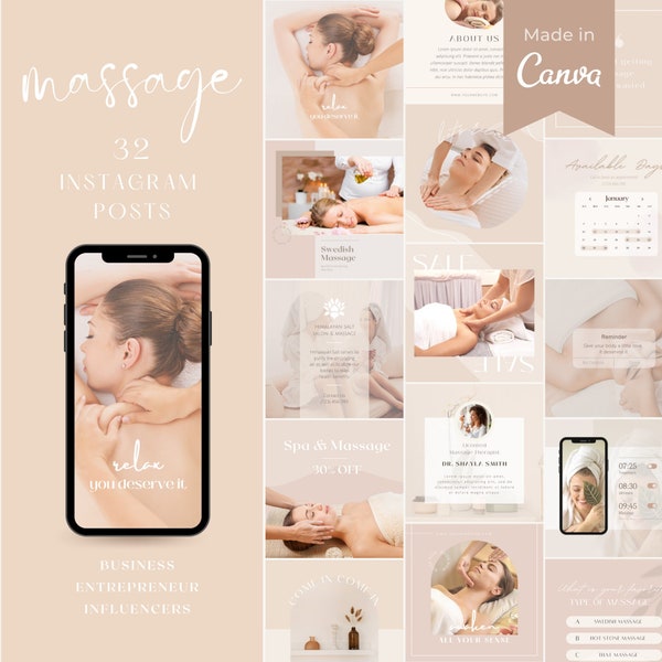 Massage Therapeut Instagram Post Templates |Esthetician Social Media| Minimalismus Instagram Canva Template| Sage Boho Theme Branding Kit