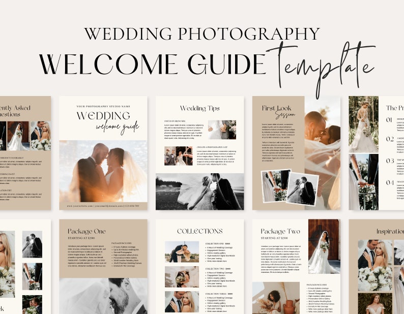 Peut inclure: Un mod&egrave;le de guide de bienvenue pour la photographie de mariage avec un fond beige et du texte noir. Le guide comprend des sections pour les questions fr&eacute;quemment pos&eacute;es, les conseils de mariage, la s&eacute;ance de premier regard, les prix, les forfaits, les collections et l'inspiration. Le guide pr&eacute;sente des photos de couples dans diff&eacute;rentes poses de mariage.