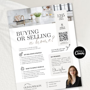 Puede incluir: Un folleto publicitario para un agente inmobiliario con el texto "Buying or Selling a home?". Incluye un código QR, una foto e información sobre los servicios ofrecidos.