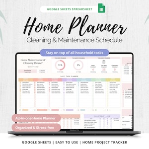 Puede incluir: Una pantalla de portátil que muestra un planificador de limpieza y mantenimiento del hogar en Google Sheets. El panel digital incluye un planificador de tareas semanal, gráficos de progreso y una lista de tareas trimestral.