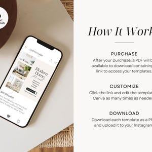 May include: A phone screen displaying a social media post for a modern home for sale. The post includes a photo of the home's exterior and a list of features, including 3 bedrooms, 2 bathrooms, a garage, and a backyard. The post also includes a link to learn more. The phone is on a light brown surface.