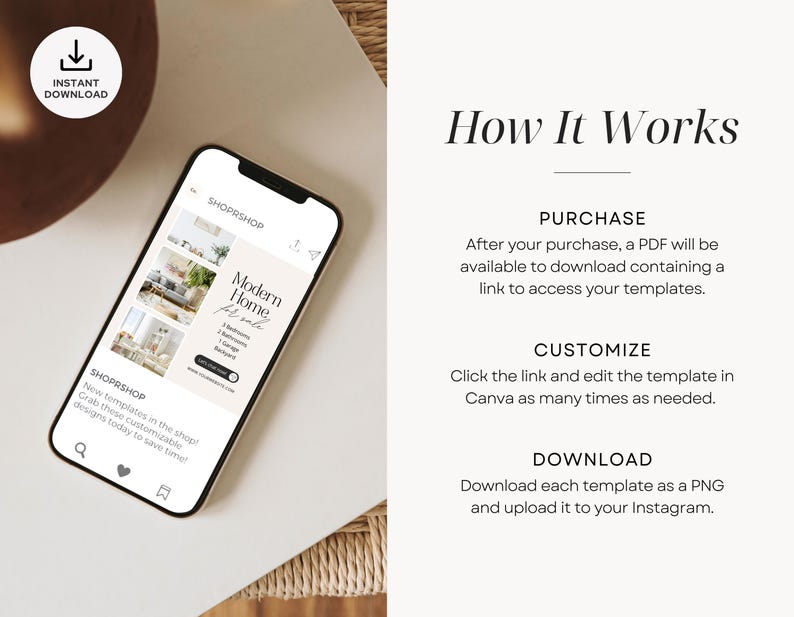 May include: A phone screen displaying a social media post for a modern home for sale. The post includes a photo of the home's exterior and a list of features, including 3 bedrooms, 2 bathrooms, a garage, and a backyard. The post also includes a link to learn more. The phone is on a light brown surface.