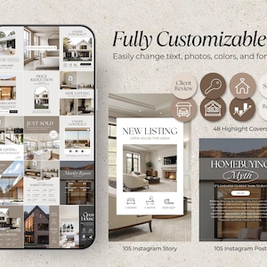 May include: A smartphone screen displays real estate marketing templates. The templates include Instagram stories and posts with customizable text, photos, colors, and fonts. The design features images of homes, text, and icons.