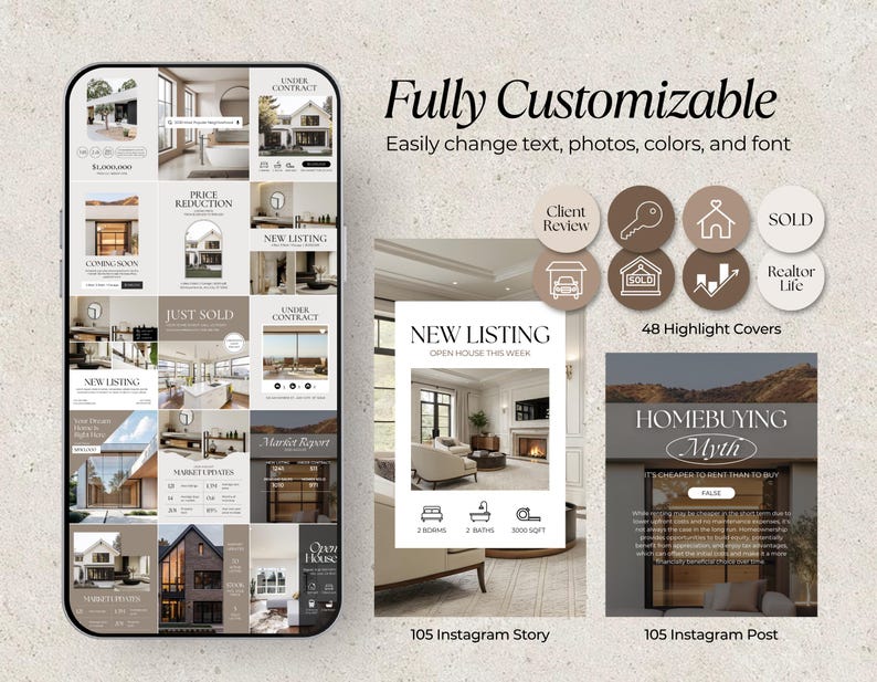May include: A smartphone screen displays real estate marketing templates. The templates include Instagram stories and posts with customizable text, photos, colors, and fonts. The design features images of homes, text, and icons.