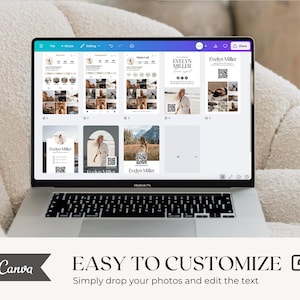 May include: A silver MacBook Pro laptop showing a Canva design interface with templates. The screen displays layouts with photos and text, including "Evelyn Miller." Text at the bottom reads "EASY TO CUSTOMIZE" and "Simply drop your photos and edit the text."