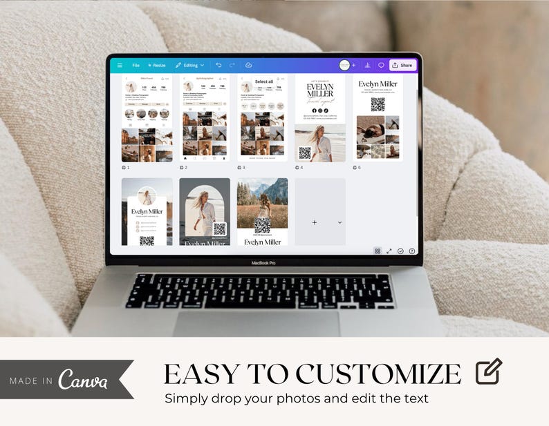 May include: A silver MacBook Pro laptop showing a Canva design interface with templates. The screen displays layouts with photos and text, including "Evelyn Miller." Text at the bottom reads "EASY TO CUSTOMIZE" and "Simply drop your photos and edit the text."