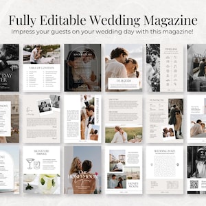May include: A fully editable wedding magazine with a minimalist design. The magazine features various layouts with photos and text, including sections for the ceremony, menu, and honeymoon. The cover reads "Best Day Ever."