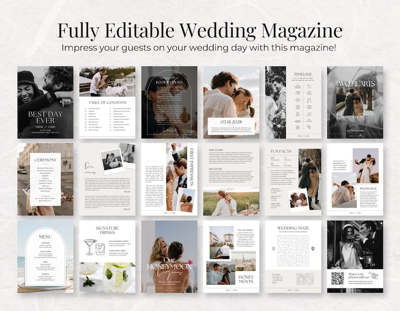 May include: A fully editable wedding magazine with a minimalist design. The magazine features various layouts with photos and text, including sections for the ceremony, menu, and honeymoon. The cover reads "Best Day Ever."