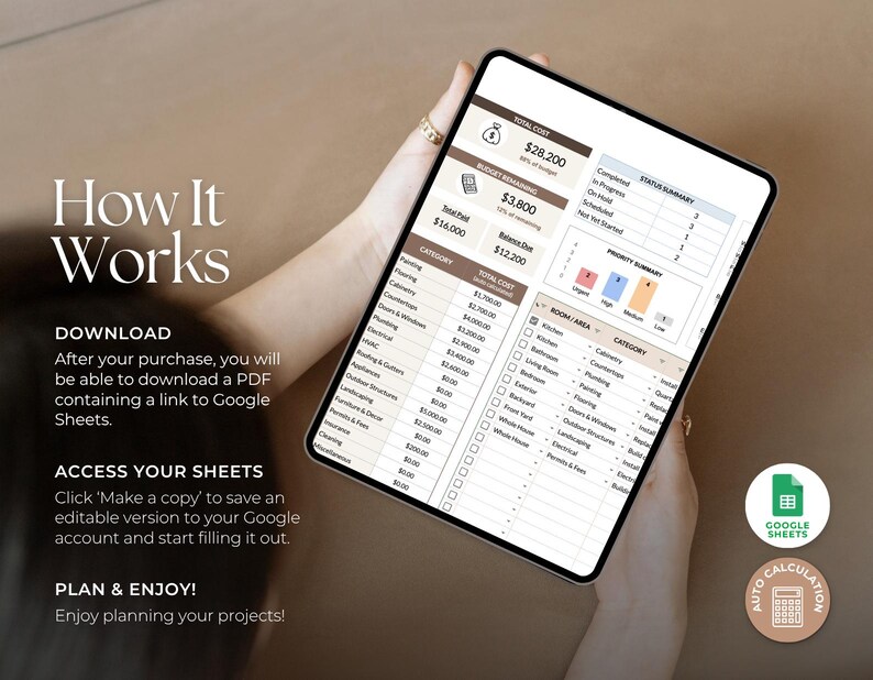 May include: A digital project planning spreadsheet displayed on a tablet screen. The interface includes sections for total cost, budget remaining, status summary, priority summary, and a detailed category list for home renovation tasks and expenses.
