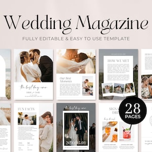 de Magazine du jour du mariage | Modèle de programme de mariage | Conception de magazine d'infographie | Plan de la salle, anecdotes amusantes, modèle de menu