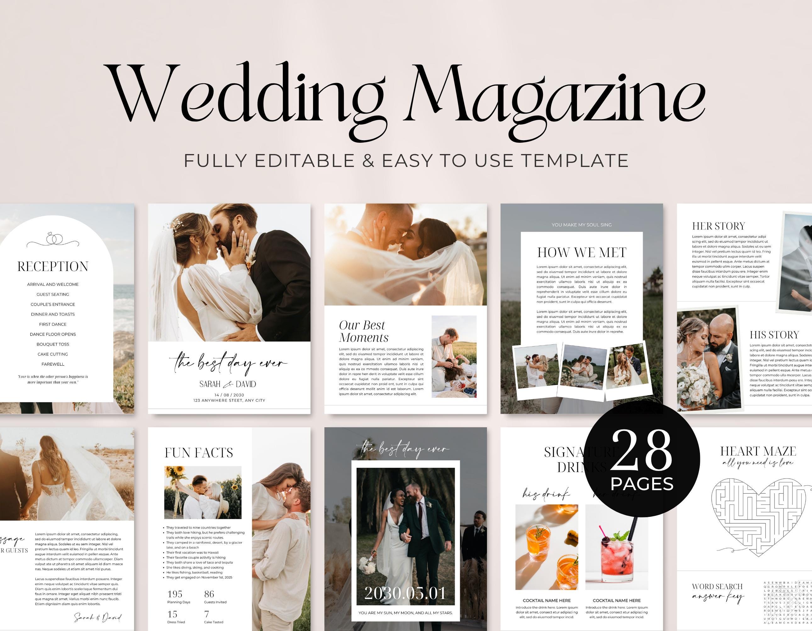 Wedding Day Magazine Template | Wedding Program Template | Infographic Magazine Design | Seating Chart, Fun Facts, Menu Template