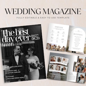 以下が含まれることがあります： 上部に「WEDDING MAGAZINE」の文字が入ったウェディングマガジンのテンプレート。表紙にはカップルの白黒写真が使われています。内側のページには、タイムライン、レセプションの詳細、写真レイアウトが含まれています。「The best day ever」の文字が大きく表示されています。