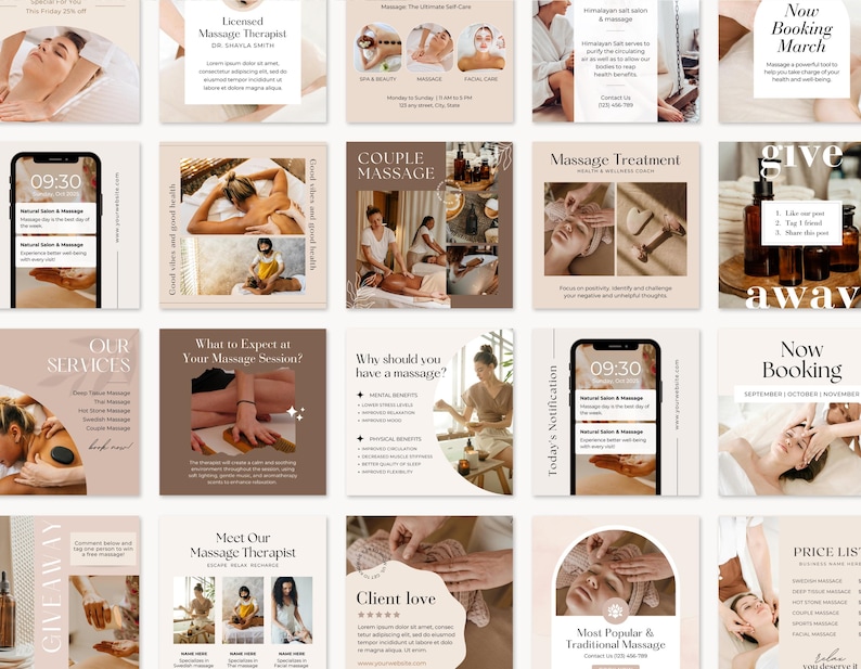 May include: A collection of Instagram story templates for a massage therapy business. The templates feature a variety of images and text, including photos of massage therapists, clients, and massage tools. The text includes information about the business's services, pricing, and special offers. The templates are designed to be visually appealing and informative, and they are a great way to promote the business on social media.