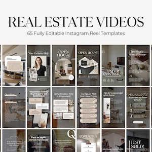 Może przedstawiać: Obraz promocyjny dla nieruchomości, przedstawiający siatkę 65 szablonów rolek na Instagramie. Tekst "REAL ESTATE VIDEOS" i "65 Fully Editable Instagram Reel Templates" są wyświetlane u góry. Prezentowane są różne tematy związane z nieruchomościami.