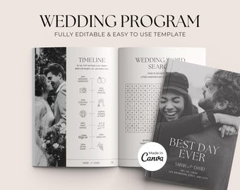 Wedding Day Magazine Template | Wedding Program | Infographic Magazine Design | Seating Chart, Fun Facts, Menu Template
