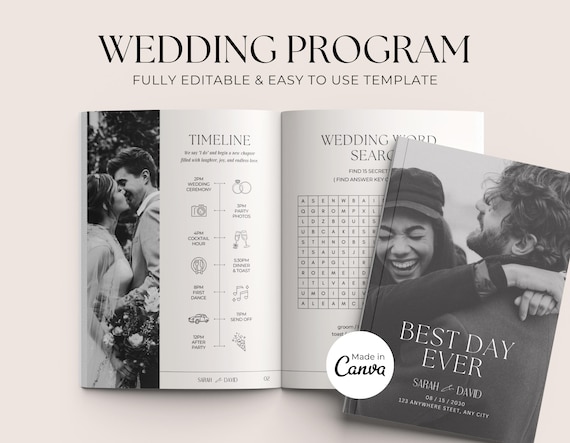 Wedding Day Magazine Template | Wedding Program | Infographic Magazine Design | Seating Chart, Fun Facts, Menu Template