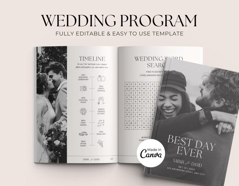 May include: A wedding program template with the text "WEDDING PROGRAM" and "FULLY EDITABLE & EASY TO USE TEMPLATE". The program includes a timeline, wedding word search, and photos. The cover reads "BEST DAY EVER".