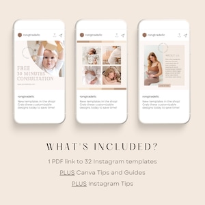 May include: Three mockups of mobile phone screens showing Instagram posts for a business offering 30 minutes of free consultation. The text on the screen says "Free 30 Minutes Consultation" and "New templates in the shop! Grab these customizable designs today to save time!" The text on the screen also says "About Us" and "Link in Bio".