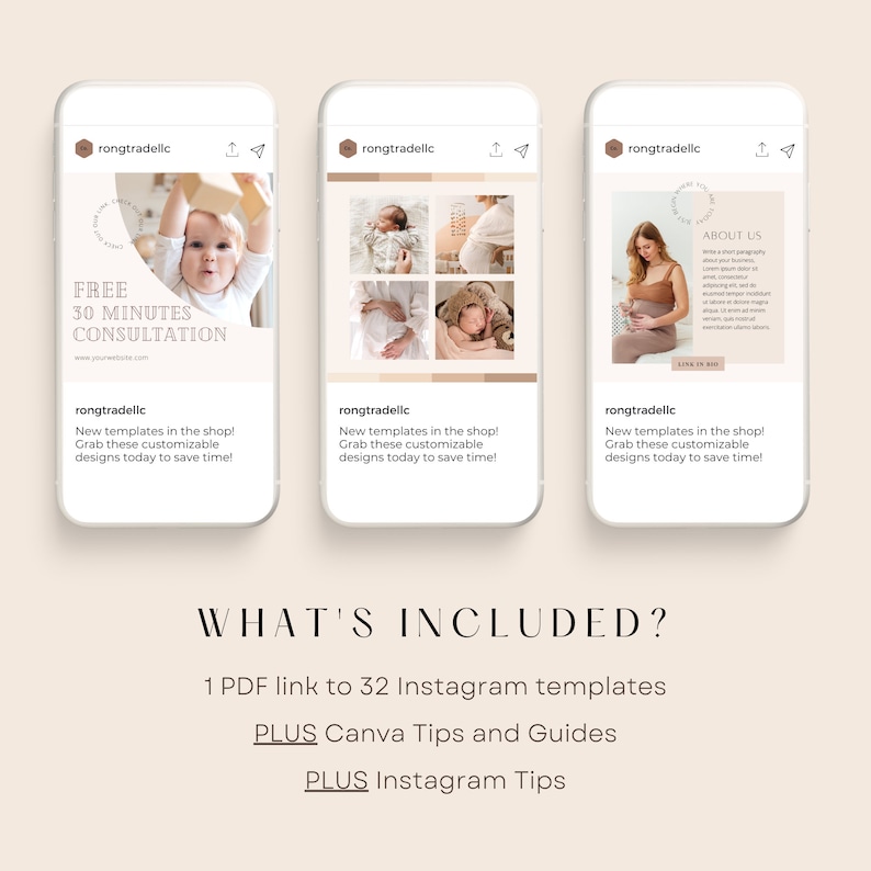 May include: Three mockups of mobile phone screens showing Instagram posts for a business offering 30 minutes of free consultation. The text on the screen says "Free 30 Minutes Consultation" and "New templates in the shop! Grab these customizable designs today to save time!" The text on the screen also says "About Us" and "Link in Bio".