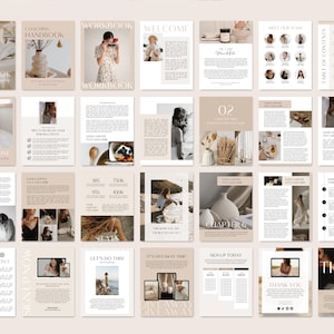 May include: A workbook with a beige background and black text. The workbook is divided into sections with titles such as "Coaching Handbook", "Workbook", "Welcome", "Meet Our Team", "Table of Contents", "Chapter One", "Your Chapter Title Here", "Let's Do This", "It's Giveaway Time", "Sign Up Today", and "Thank You".