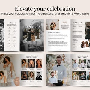 May include: A wedding planner layout with the text "Elevate your celebration" and "Make your celebration feel more personal and emotionally engaging." The layout includes photos, text, and sections for bridesmaids and groomsmen.