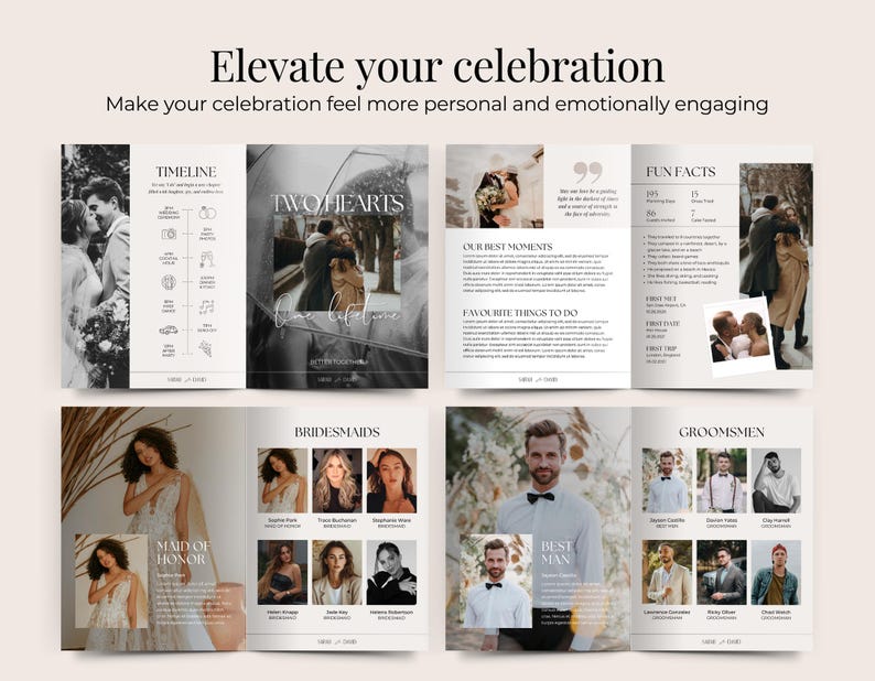 May include: A wedding planner layout with the text "Elevate your celebration" and "Make your celebration feel more personal and emotionally engaging." The layout includes photos, text, and sections for bridesmaids and groomsmen.