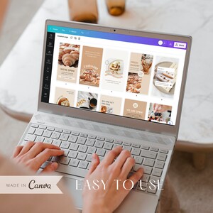 Op de afbeelding: Een laptopscherm waarop een Canva-ontwerptemplate voor social media-berichten wordt weergegeven. De template bevat afbeeldingen van gebak en tekst die "We zijn open!" en "Verse bakkerij" zegt.