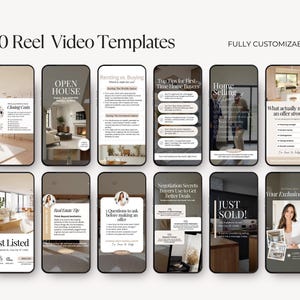 Op de afbeelding: Een collectie van 80 volledig aanpasbare reel-videotemplates voor vastgoedmarketing. Het digitale display toont twaalf smartphoneschermen met diverse lay-outs, tekst, interieurfotografie en professioneel vastgoedadvies.