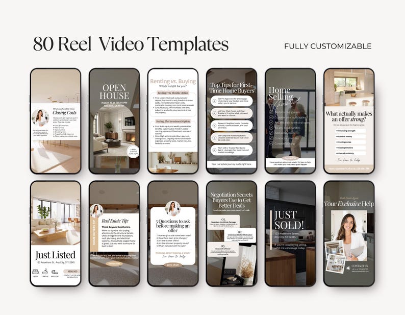 Op de afbeelding: Een collectie van 80 volledig aanpasbare reel-videotemplates voor vastgoedmarketing. Het digitale display toont twaalf smartphoneschermen met diverse lay-outs, tekst, interieurfotografie en professioneel vastgoedadvies.