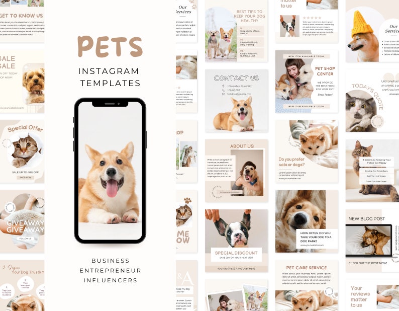 Pode incluir: Um conjunto de modelos de postagem para Instagram para empresas de animais de estima&ccedil;&atilde;o, com imagens de c&atilde;es e gatos, com texto como "Conhe&ccedil;a-nos", "Oferta especial", "Sorteio", "Entre em contato", "Sobre n&oacute;s", "Centro de animais de estima&ccedil;&atilde;o", "Cita&ccedil;&atilde;o do dia", "Voc&ecirc; prefere gatos ou c&atilde;es?", "Nova postagem do blog", "Servi&ccedil;o de cuidados com animais de estima&ccedil;&atilde;o", "Suas avalia&ccedil;&otilde;es importam", e "Empreendedores e influenciadores".
