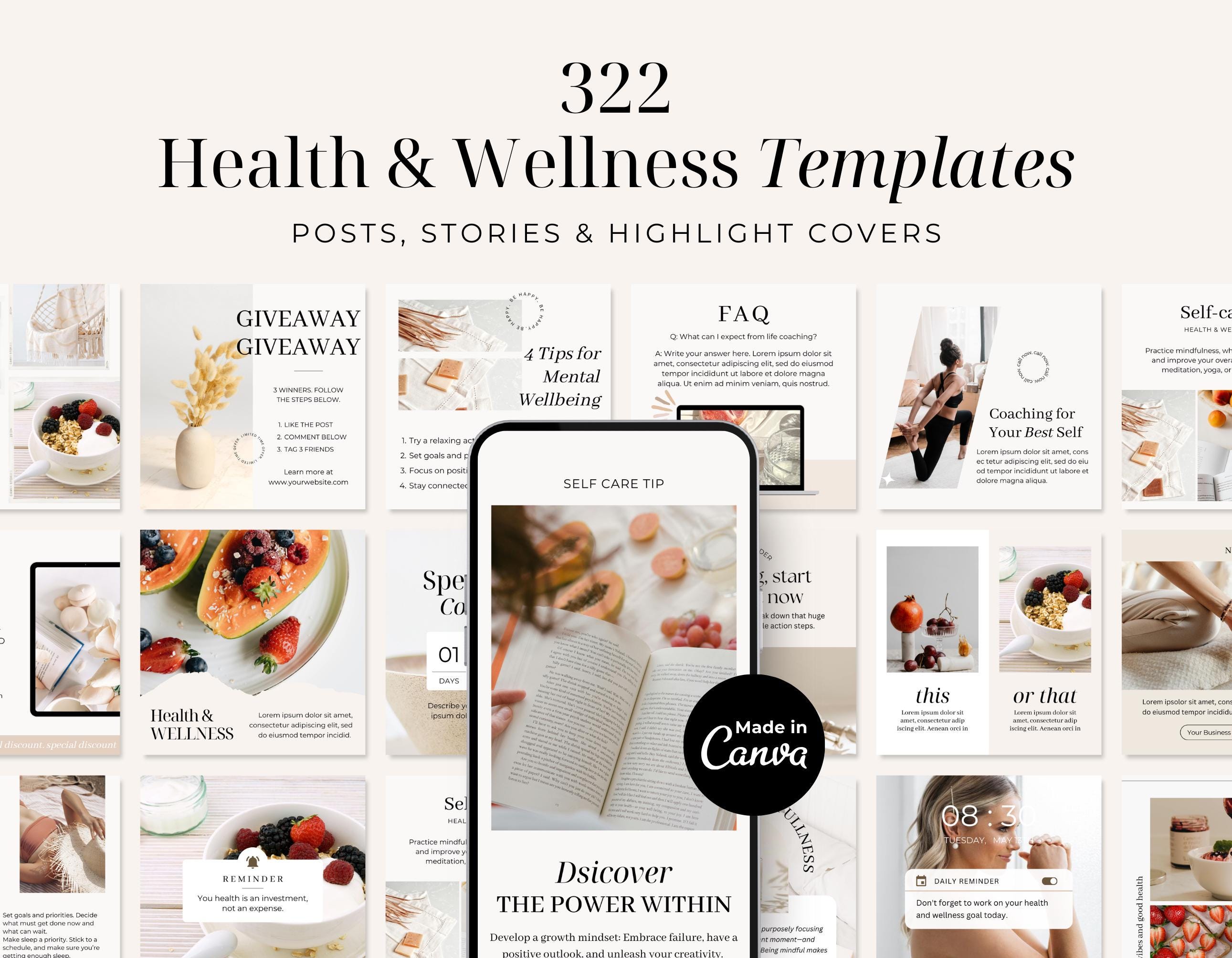 Health Instagram Templates | Wellness Social Media Template | Healthy Lifestyle Template | Fitness Yoga Posts Stories | Highlight Covers